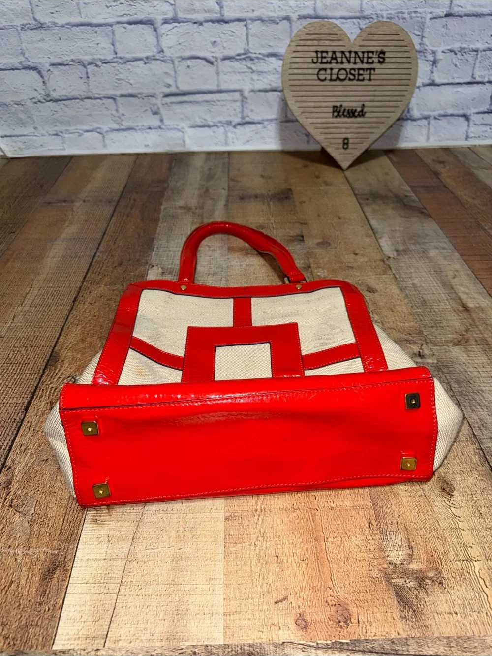 Jonathan Adler Red Patent Leather Trim Linen Cotton Canvas Geometric Tote Bag